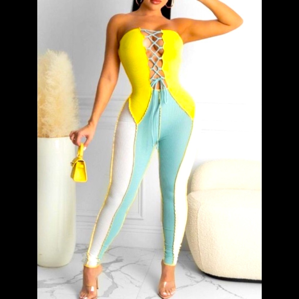 Happy Colors Blue, Yellow & White W/ Blue Shoestring Laced Up Bandage Jumper